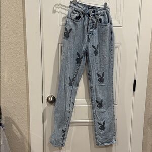 PLAYBOY by Pacsun Light Blue Jeans with Black Bunny Print